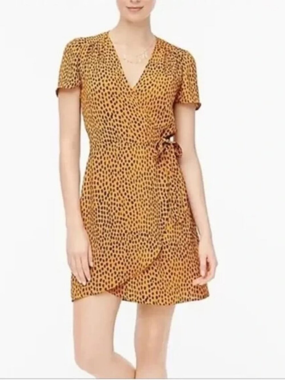 New J. Crew Orange Black Cat Animal Print Wrap V-Neck Short Sleeve Dress Size 6
